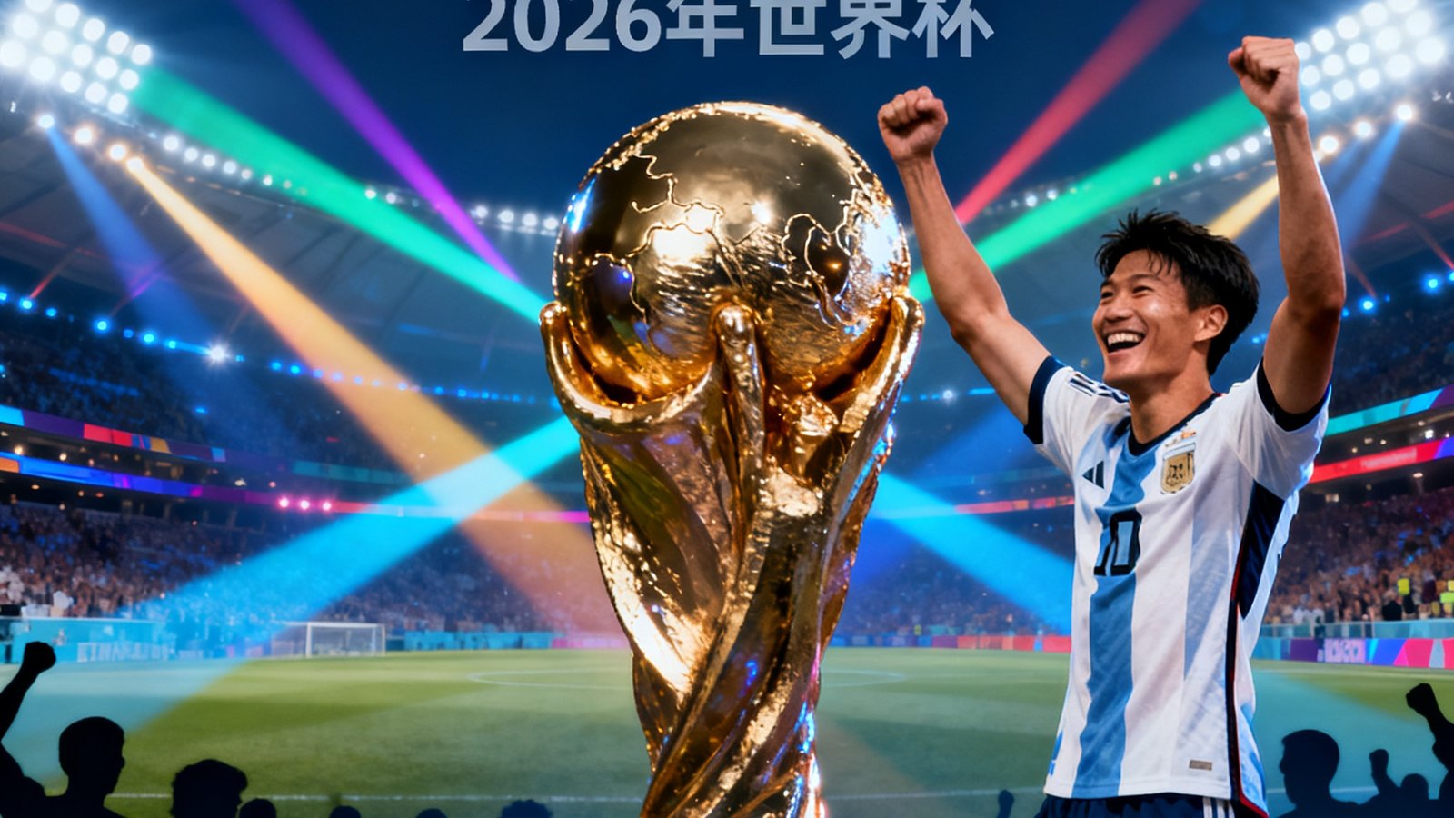 世界杯官网入口展示2026年大力神杯与球星庆祝，背景为球场灯光秀